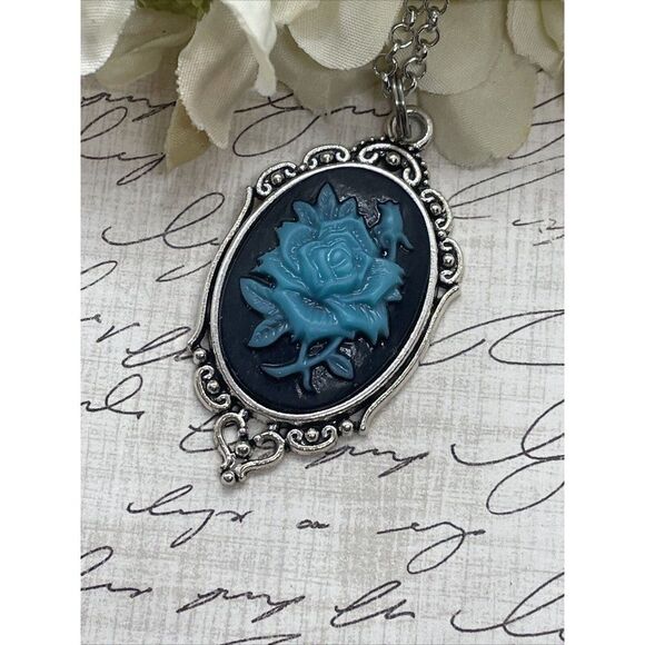 Cameo Necklace Turquoise Rose Wedding Jewelry Black Gothic Anniversary Easter - Picture 6 of 13